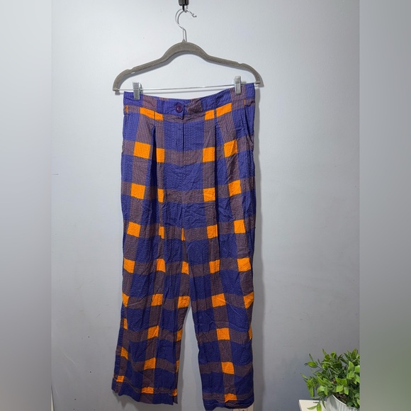 Anthropologie Porridge Preppy Plaid Indie WideLeg Pant Purple & Orange Sz M EUC - Picture 3 of 14